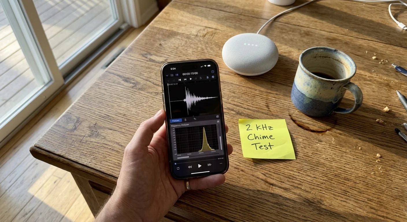 Hand holding a smartphone displaying an audio waveform near a smart speaker, coffee mug, and a sticky note reading 2 kHz Chime Test.