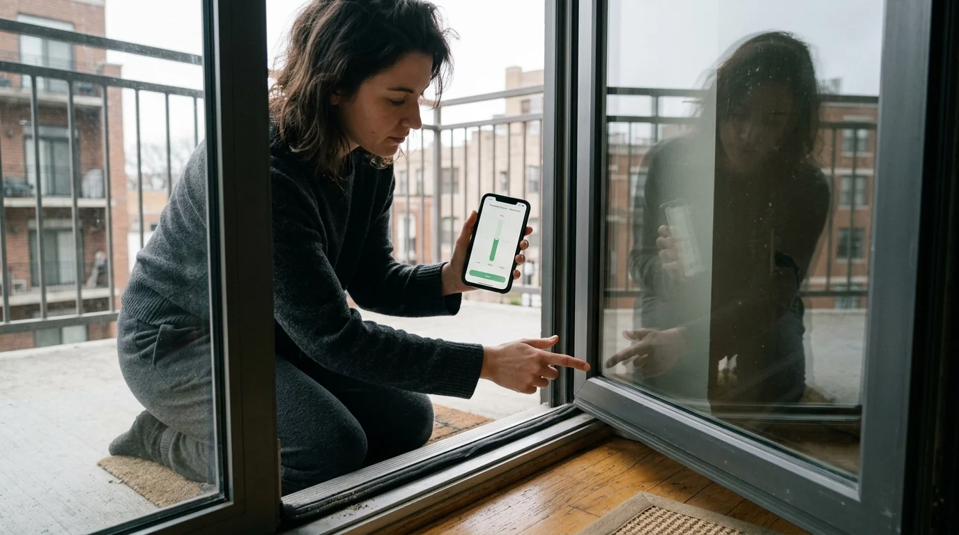 Woman kneeling by an open balcony sliding door, holding a smartphone showing an app while pointing at the glass frame.