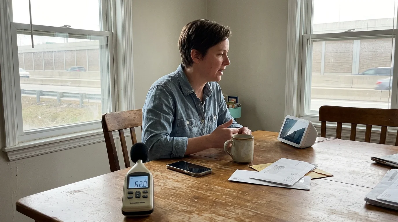 A person sitting at a table with a smart display, a decibel meter reading 62.0 dB, and windows overlooking a highway.