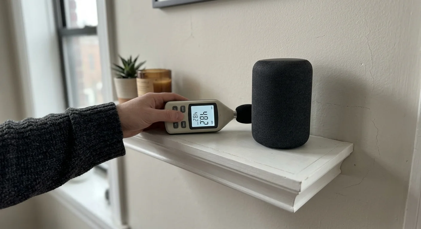 A person holding a digital decibel meter reading 48.2 dBA next to a black smart speaker on a white shelf.