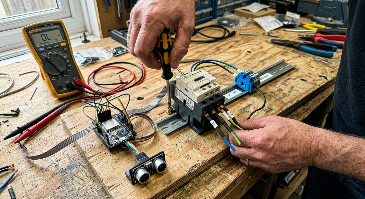 A person using a screwdriver to assemble an electrical contactor wired to an ESP32 board, ultrasonic sensor, and multimeter.