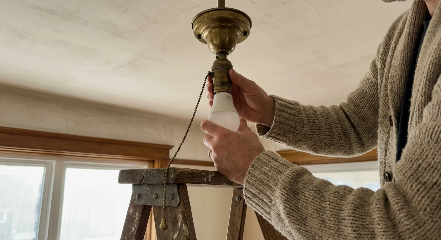 A person standing by a wooden ladder screws an LED light bulb into a vintage brass pull-chain ceiling socket.