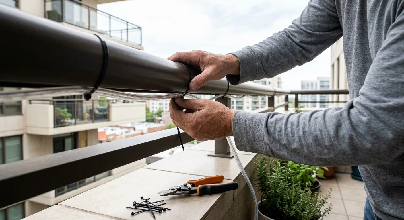 Person fastening a clear LED light strip under a balcony handrail using black zip ties, with snips on the ledge nearby.
