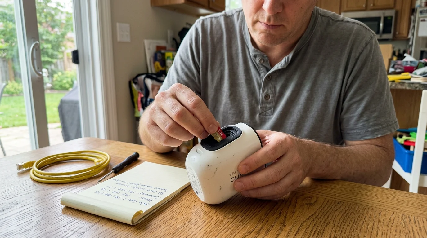 A man sitting at a wooden table inserts a micro SD card into a white security camera beside a notepad and yellow cable.