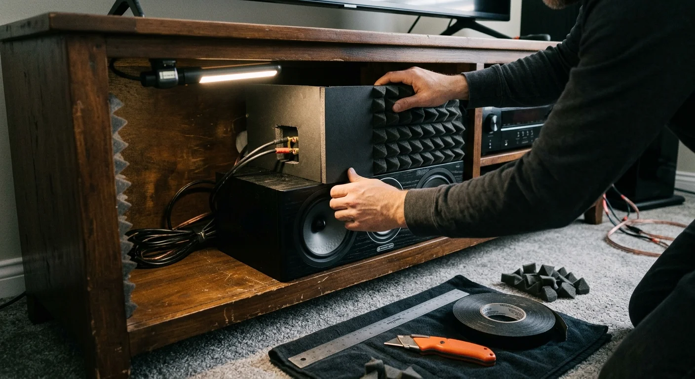 Person kneeling on carpet, installing acoustic foam onto a center-channel speaker inside a wooden media console.
