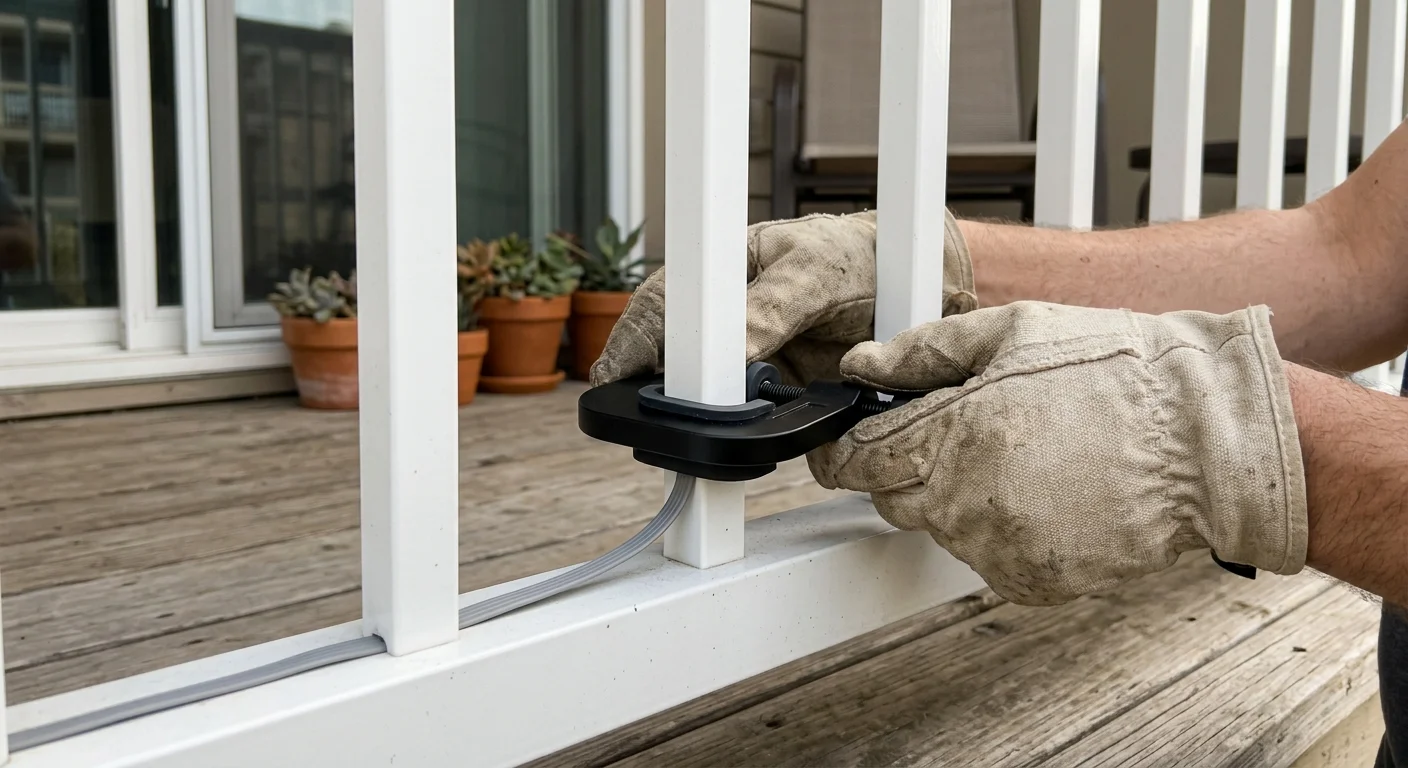 Gloved hands securing a black friction clamp and flat grey wire to a white balcony railing baluster.