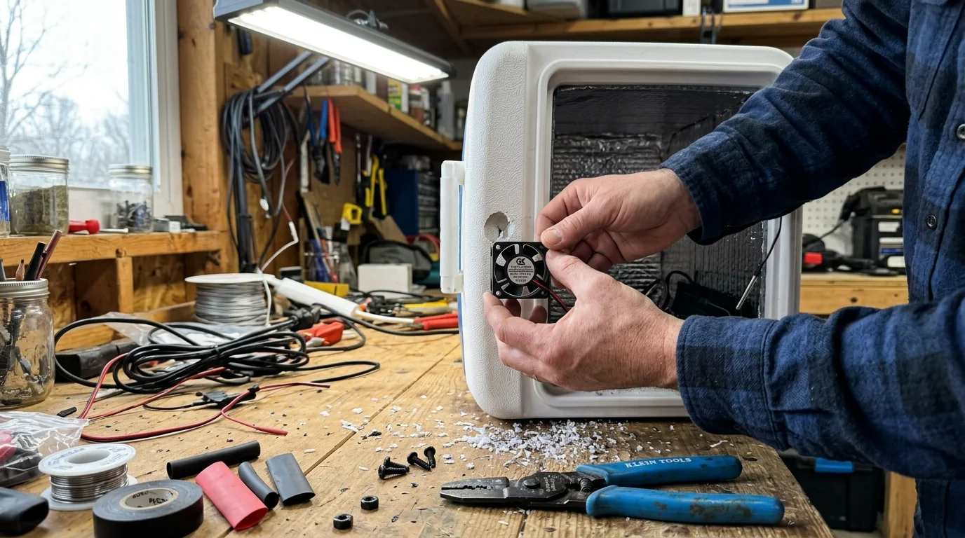 Hands mounting a small black cooling fan into the side of a modified white cooler on a workbench with tools.