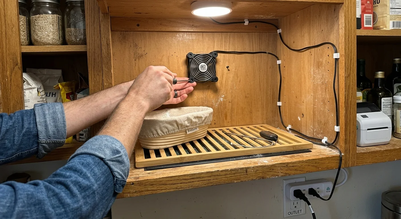 Person using a screwdriver to mount a small fan inside a wooden cabinet shelf above a proofing basket and wiring.