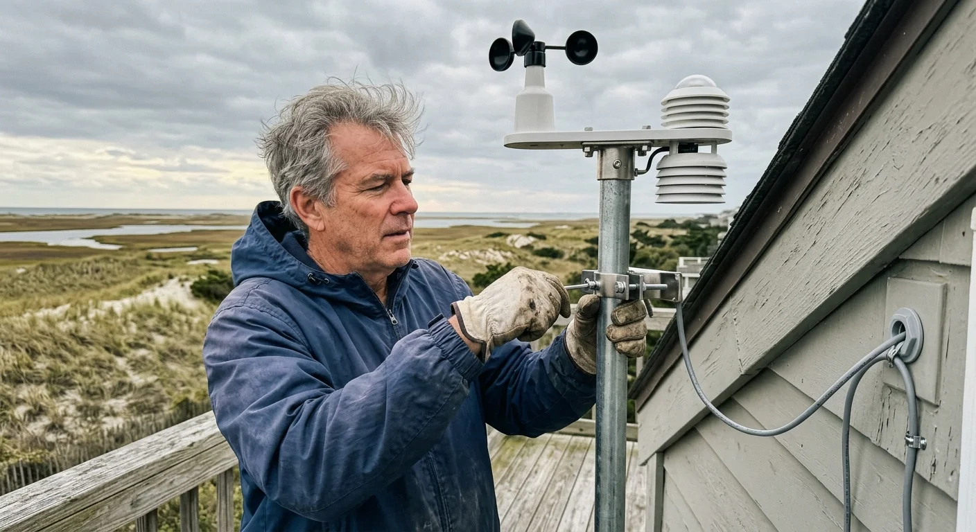 A man installing a weather station with an anemometer on a metal pole mounted to a coastal house.