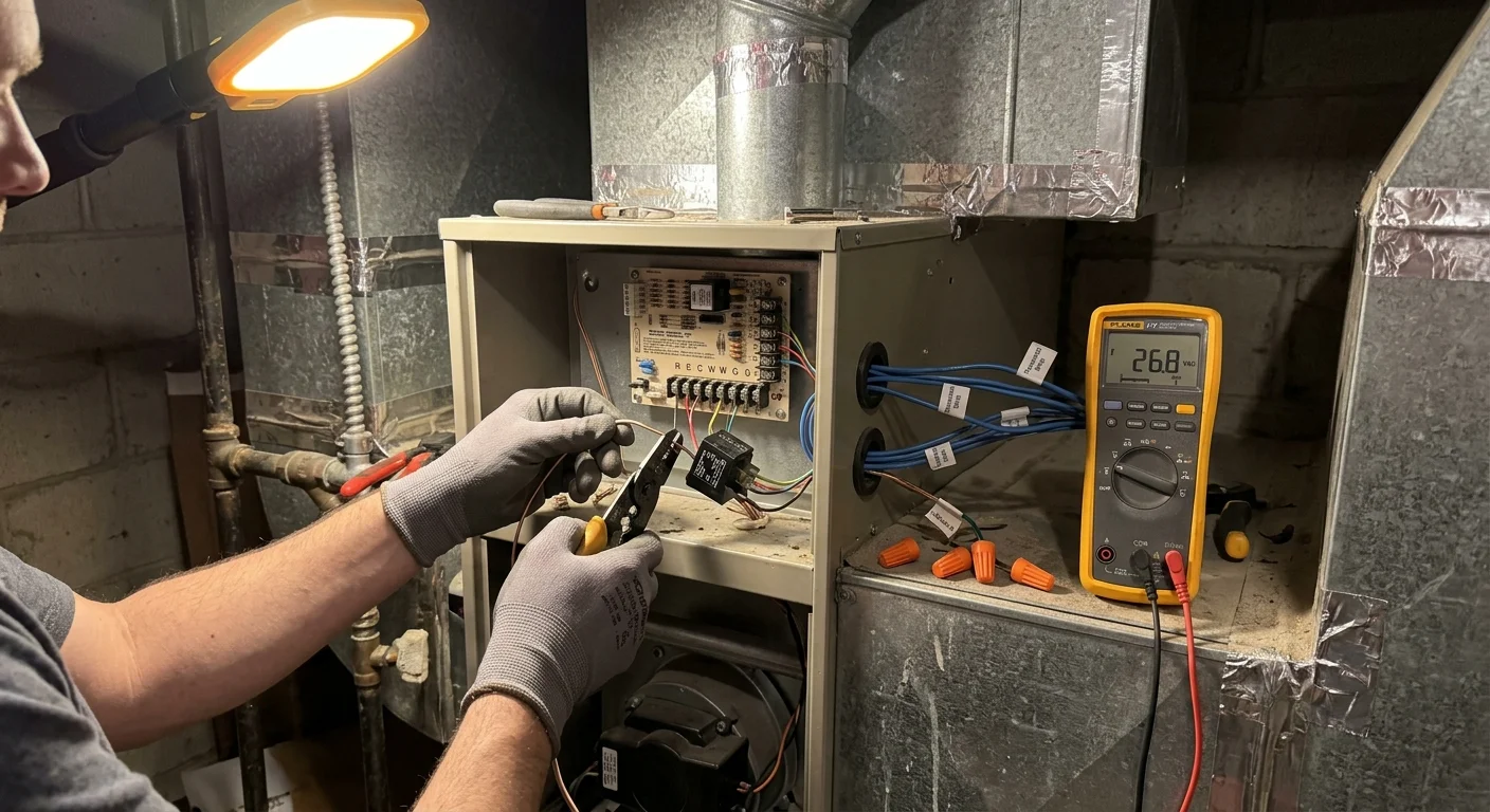 A person using wire strippers on wiring next to an open furnace control board and a digital multimeter reading 26.8 volts.