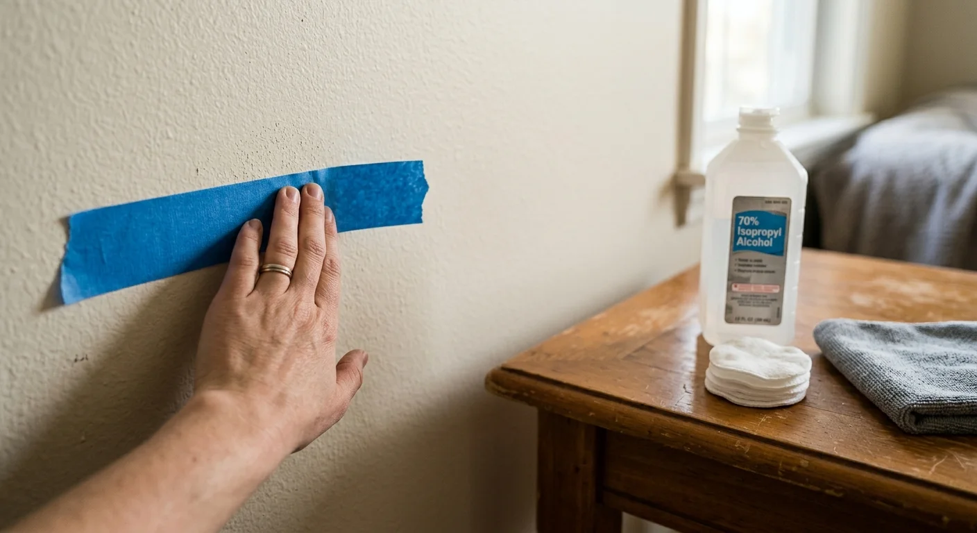 A hand presses a strip of blue painter's tape against a beige wall beside a bottle of 70% isopropyl alcohol.