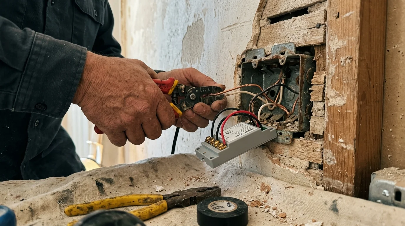 Electrician stripping wire leads while wiring a small relay module into an open metal electrical box in a wall.