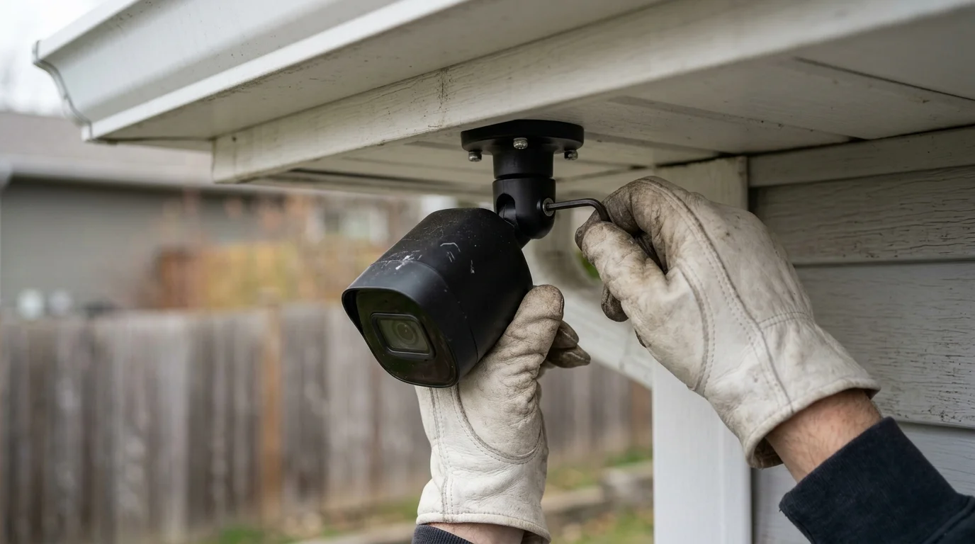 Gloved hands adjust a black security camera mounted beneath the eave of a house using an Allen key.