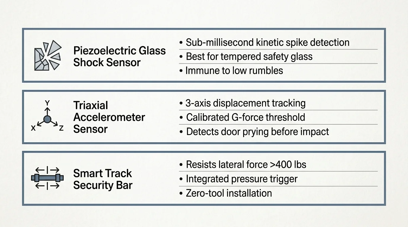 Diagram listing features of piezoelectric shock sensors, triaxial accelerometers, and smart track security bars.