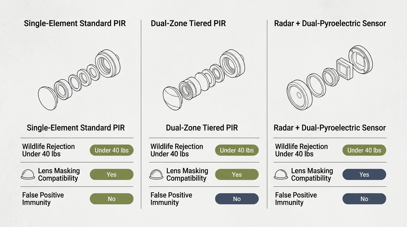 Diagram comparing single-element PIR, dual-zone PIR, and radar sensor assemblies alongside compatibility specifications.