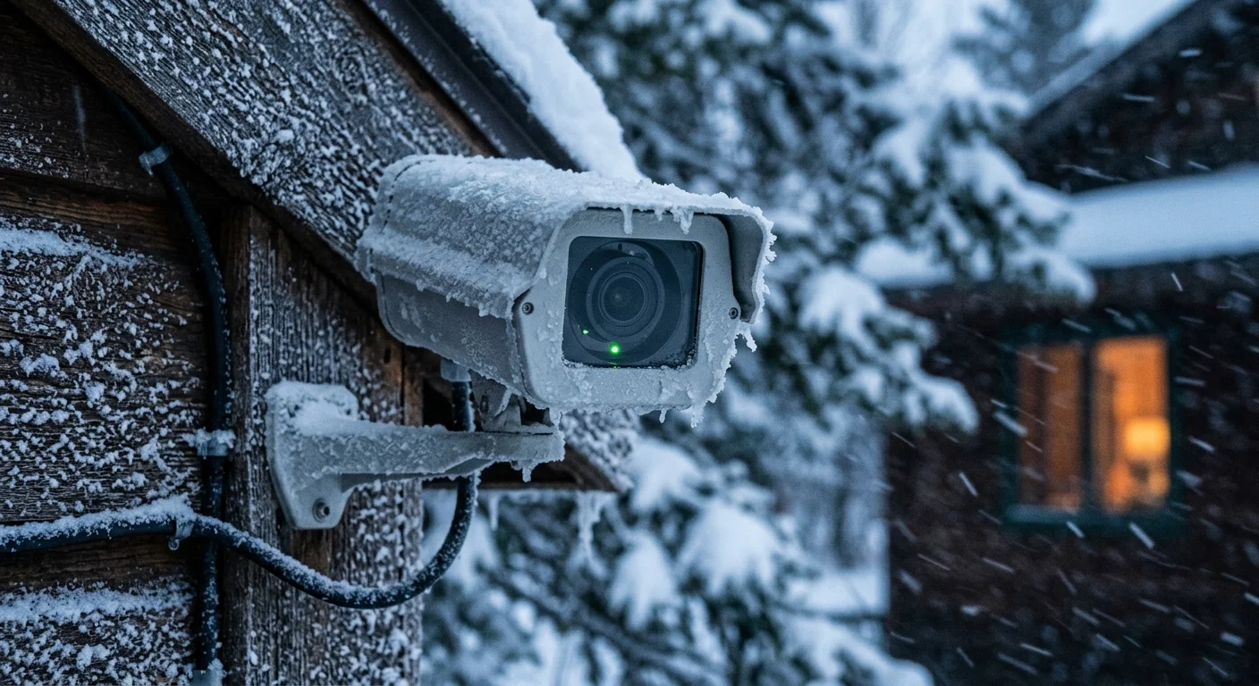 A frost-covered outdoor security camera mounted on a wooden building during snowfall with a glowing green indicator light.