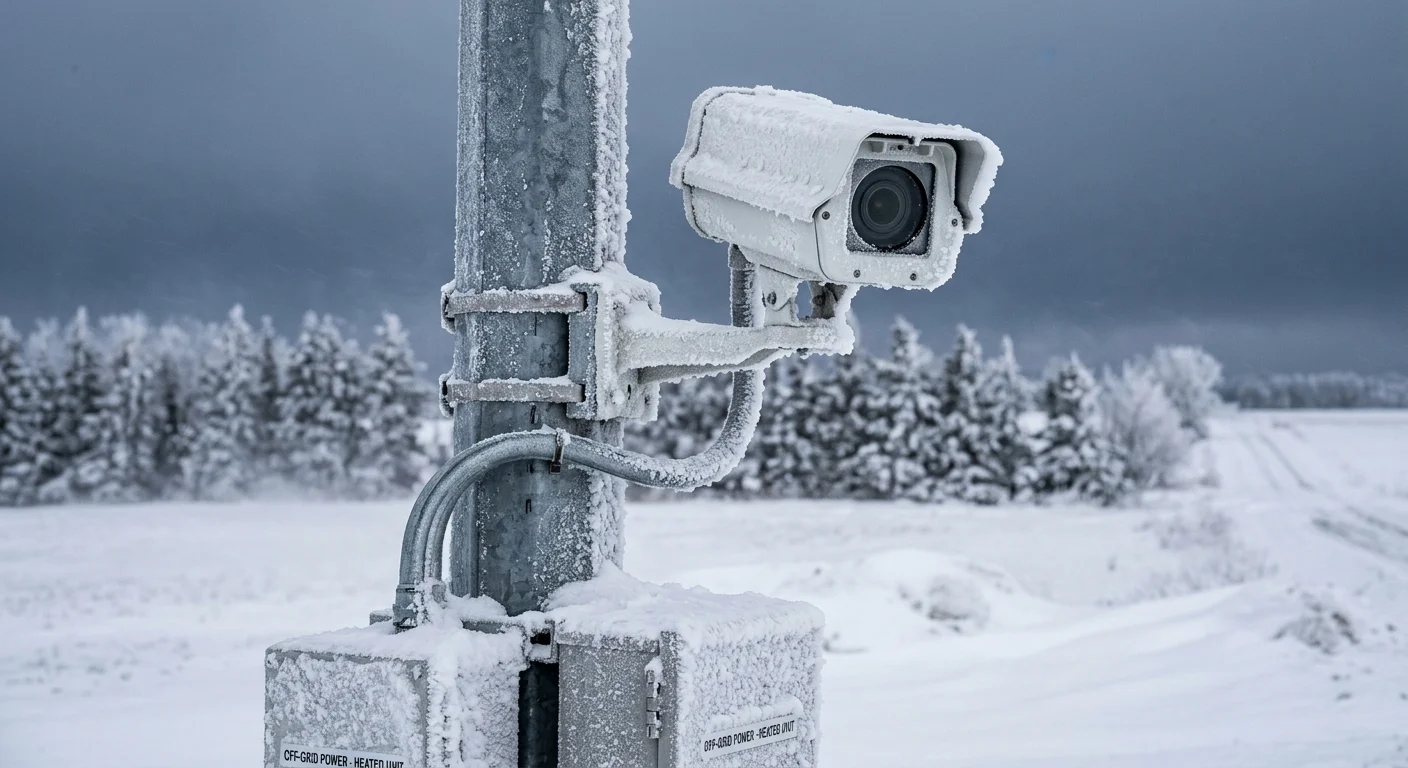 Frost-covered outdoor security camera mounted on a metal pole in a snow-covered winter landscape.