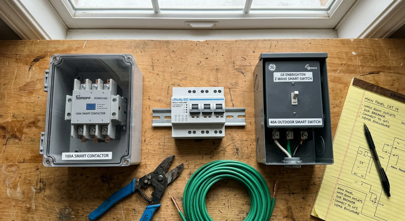 Electrical switches, a contactor in a box, a DIN rail unit, wire strippers, green cable, and a notepad on a wood desk.