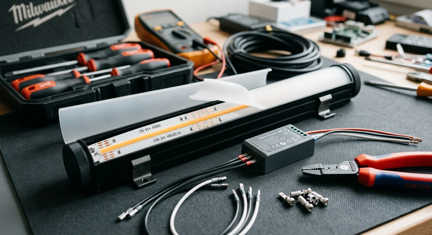 Disassembled LED light strip fixture on a workbench with tools, wiring, controller, and screwdrivers.
