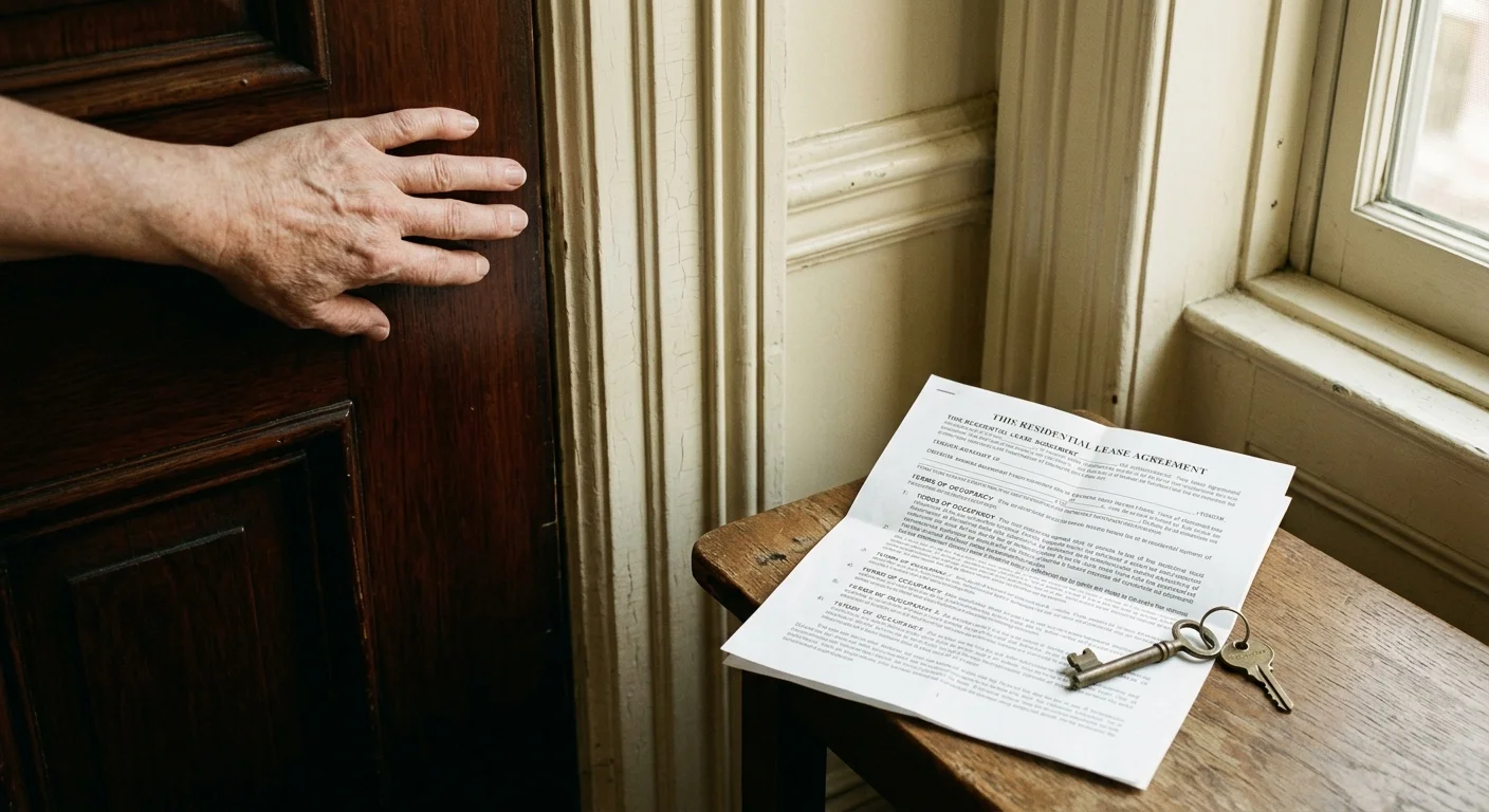 A hand touches a dark wooden door near a residential lease agreement and keys resting on a wooden side table.