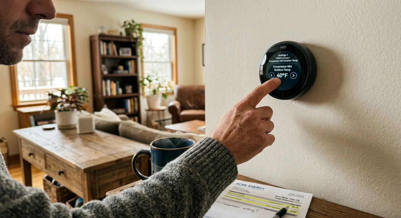 A person adjusts a wall-mounted Nest thermostat showing 40°F above an energy bill and coffee cup in a living room.