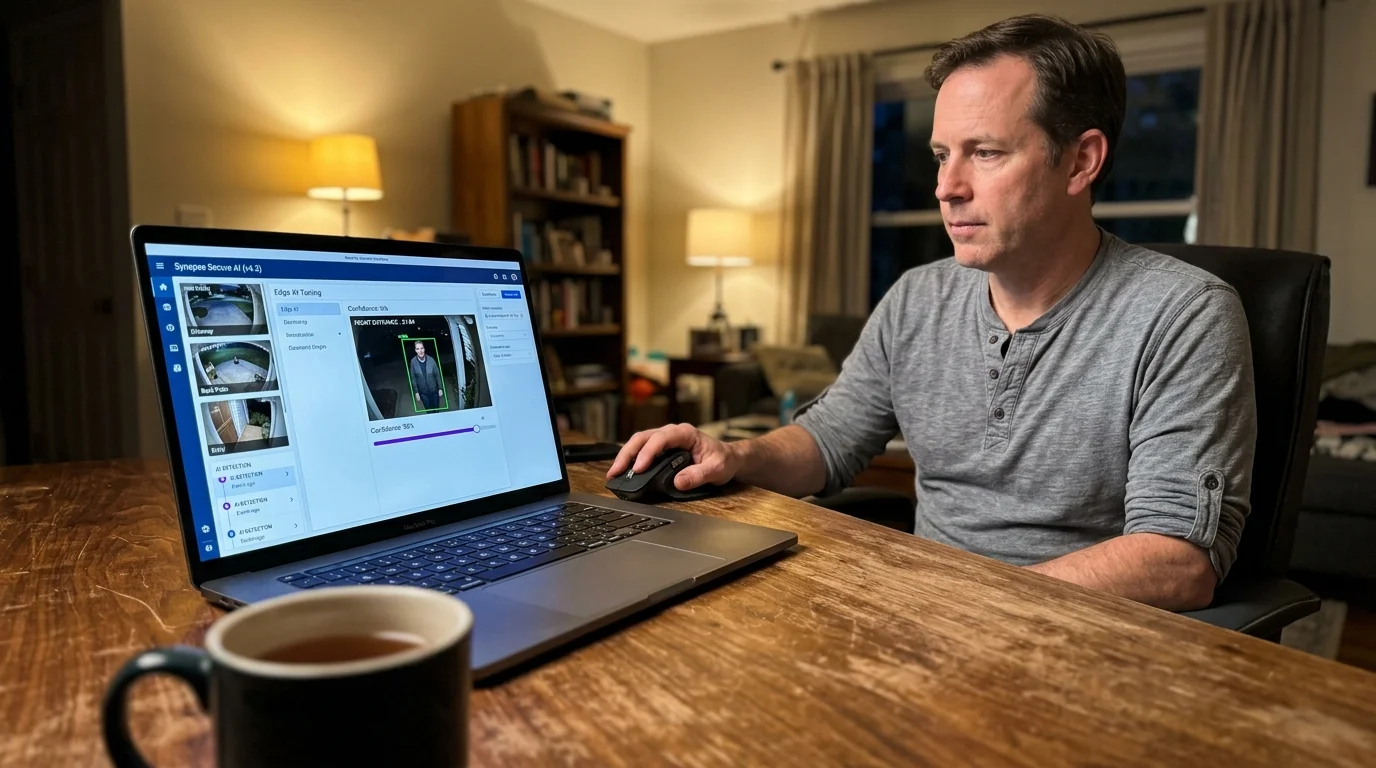 A man sitting at a wooden table uses a laptop displaying security camera feeds with bounding box detection software.