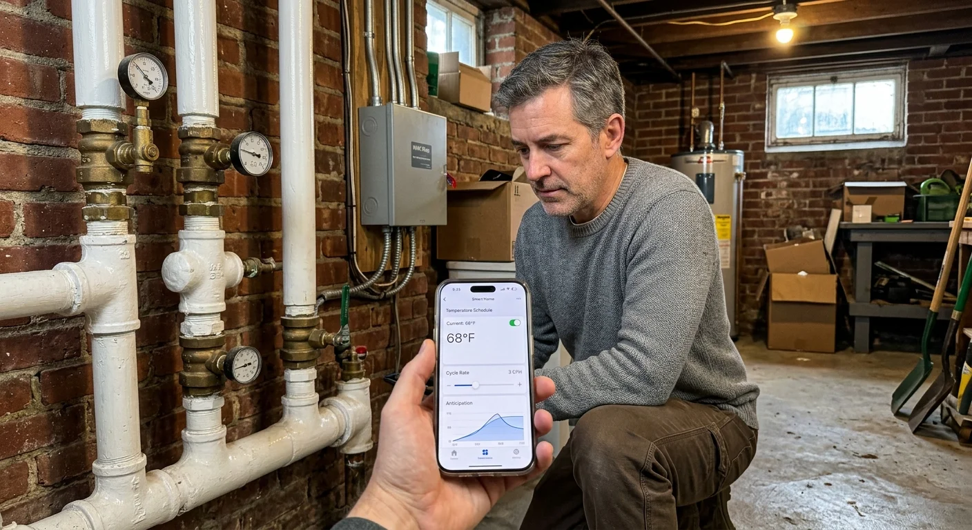 A man crouches near basement pipes while a phone displays a smart heating app with cycle rate settings.
