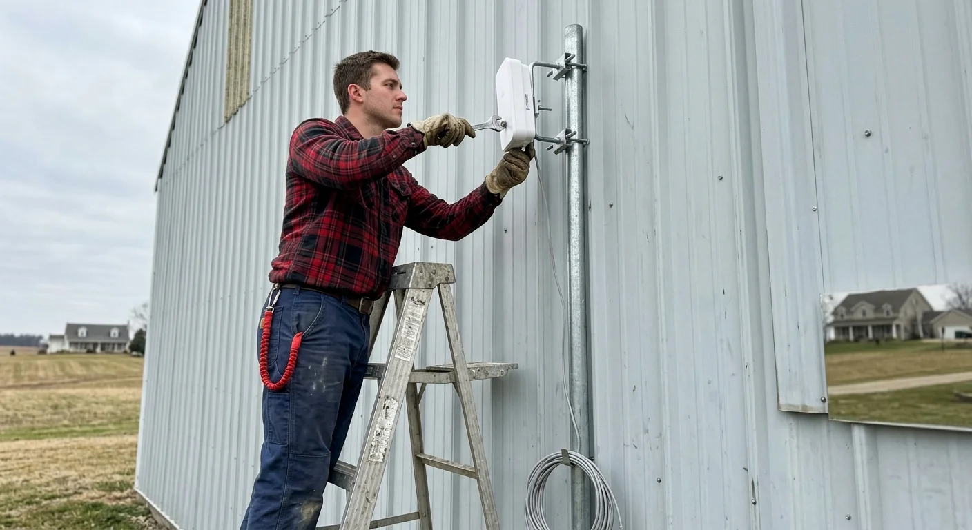 A man on a stepladder uses a wrench to mount a white wireless bridge unit onto a metal pole attached to a metal barn wall.