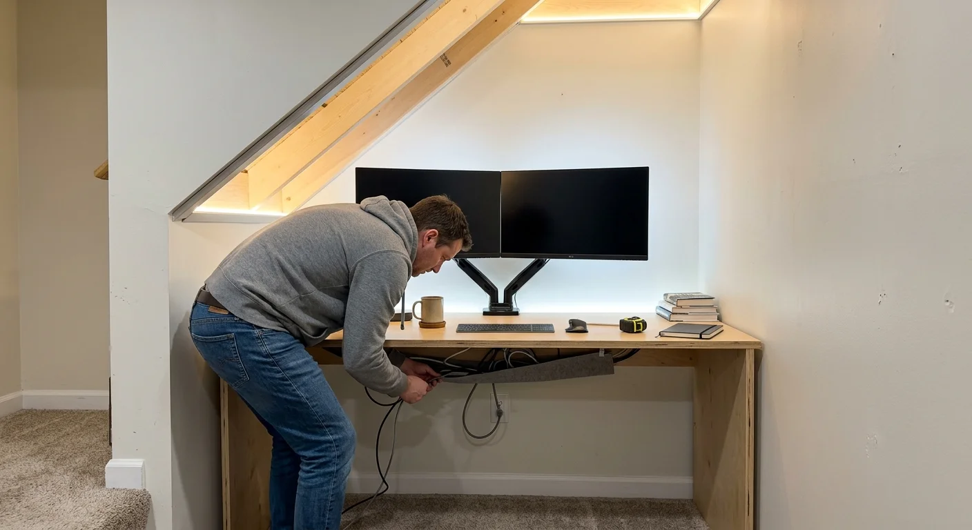Man routing cables under a wooden desk with two mounted monitors set inside an alcove under a staircase.