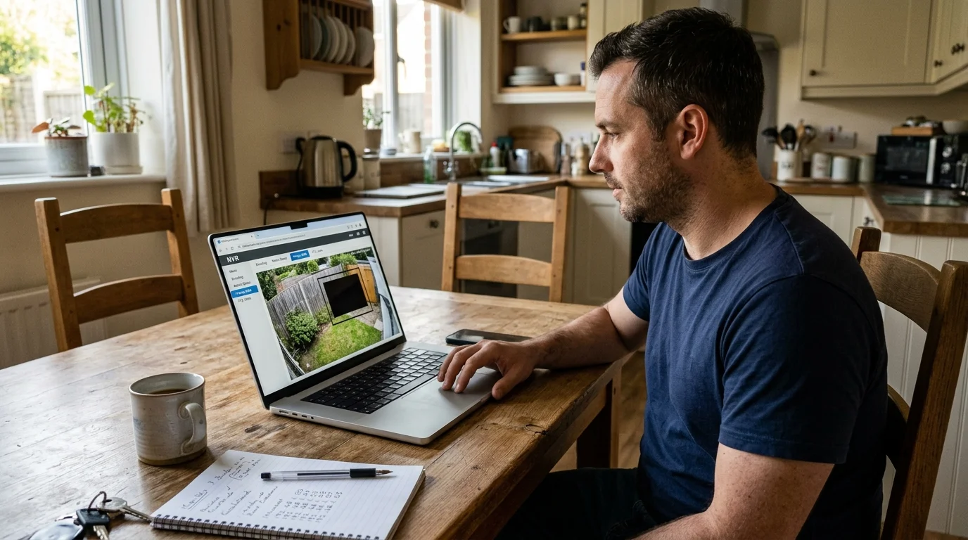Man seated at a wooden dining table using a laptop showing a security camera feed with a black privacy mask over a garden.