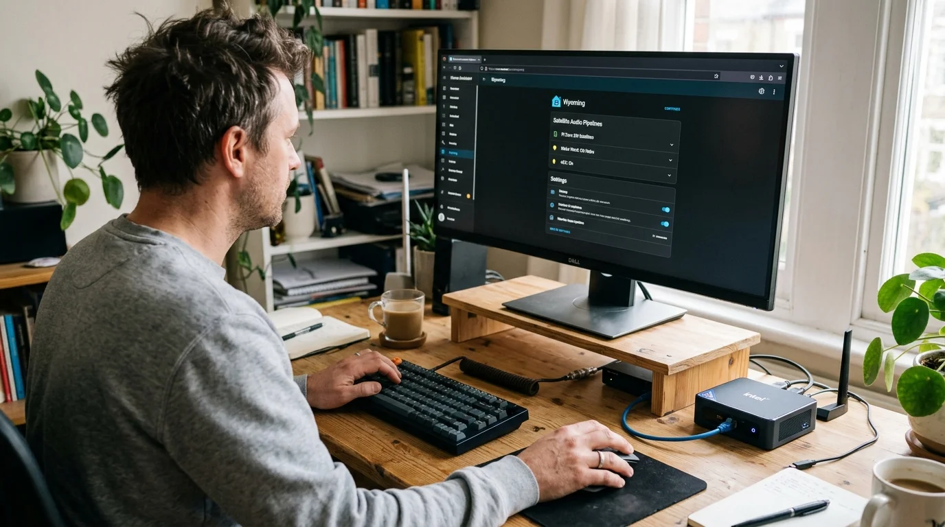 A man sitting at a wooden desk viewing Wyoming integration settings on a monitor connected to a mini PC.
