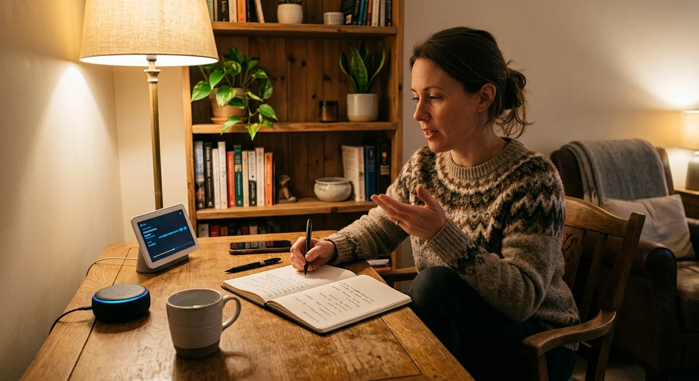 A woman sits at a wooden desk with a notebook, pen, smart display, and smart speaker near a lamp.