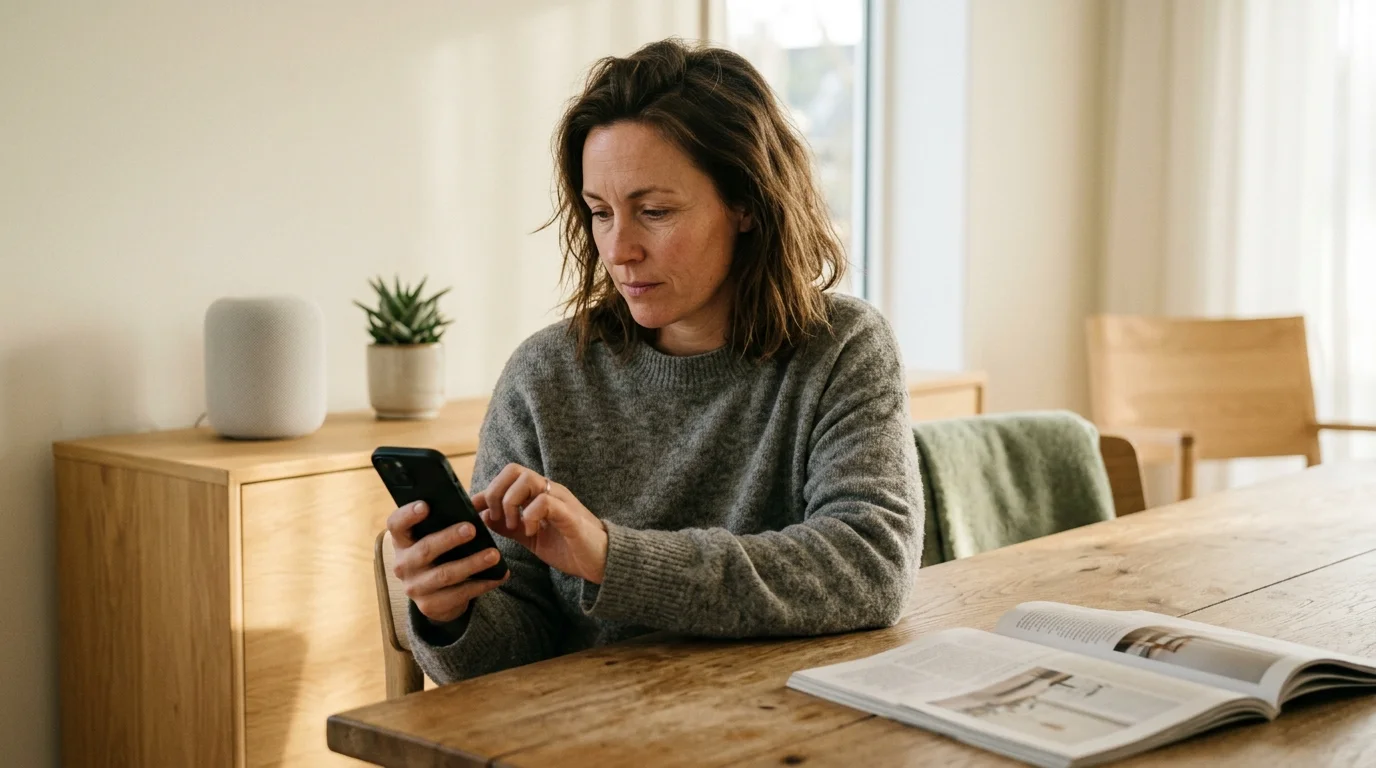 A woman sits at a wooden table using a smartphone, with a white smart speaker on a credenza in the background.