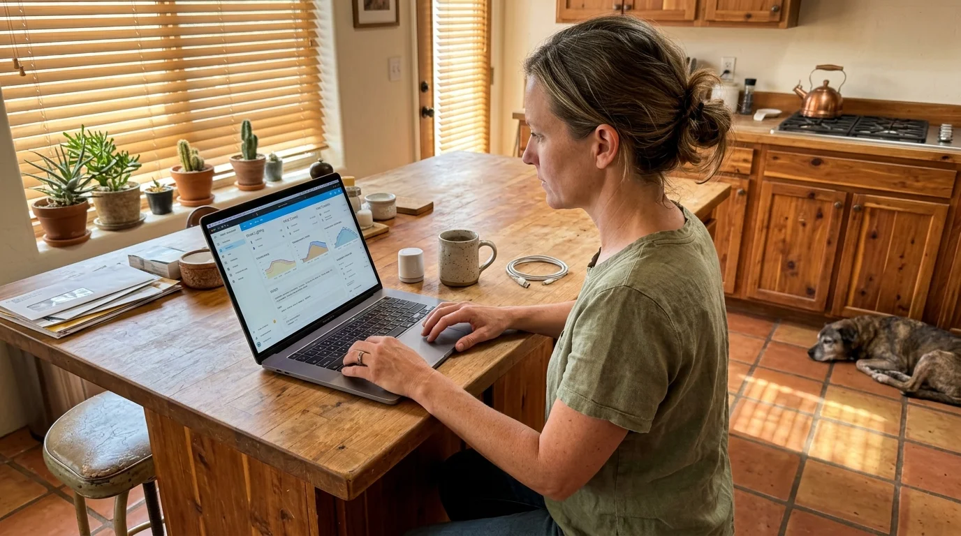 A woman sits at a wooden kitchen island working on a laptop displaying data graphs, with a dog lying on the floor nearby.