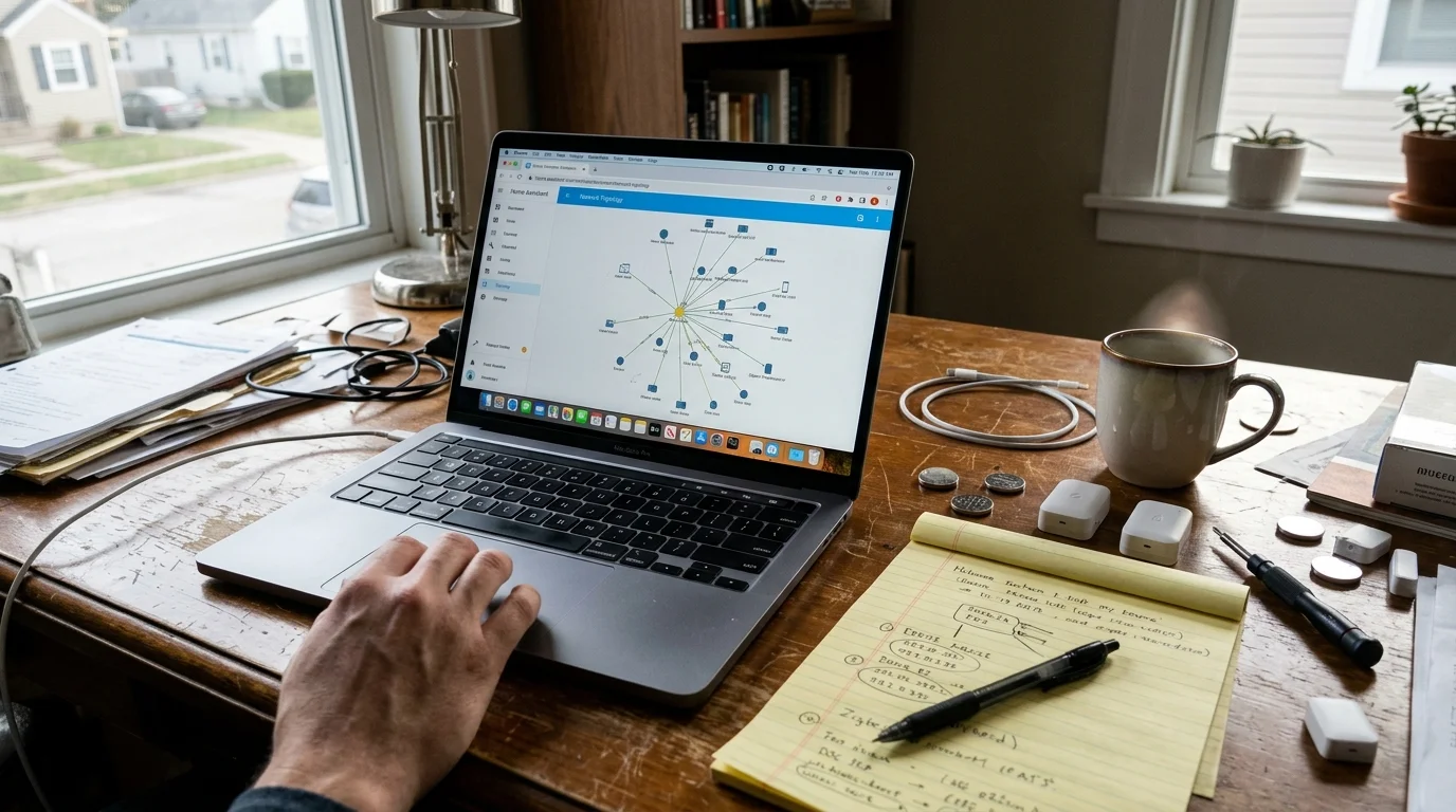 Laptop displaying a network map on a wooden desk beside a notepad, pen, coffee mug, and small smart sensors.