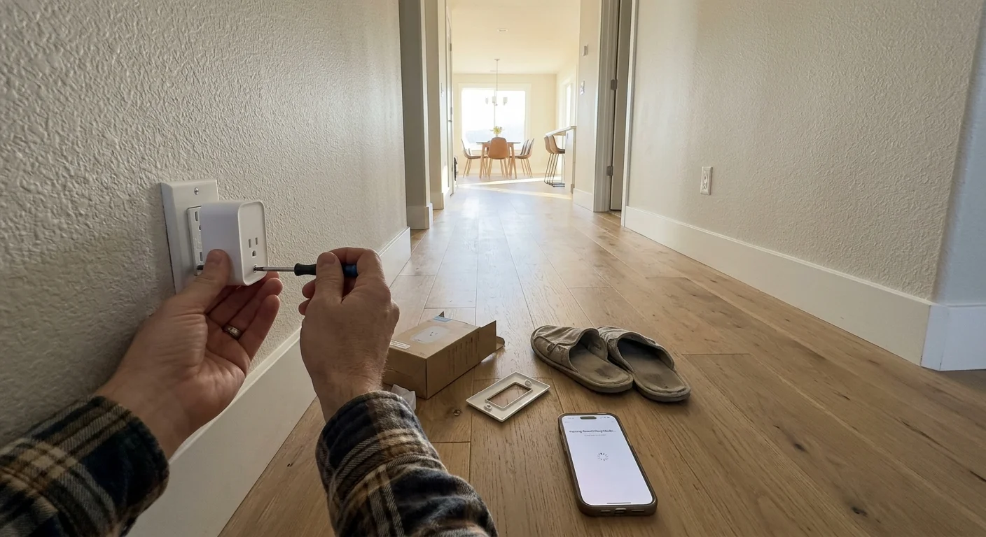Person using a screwdriver to install a smart outlet into a hallway wall near a smartphone and slippers on the floor.