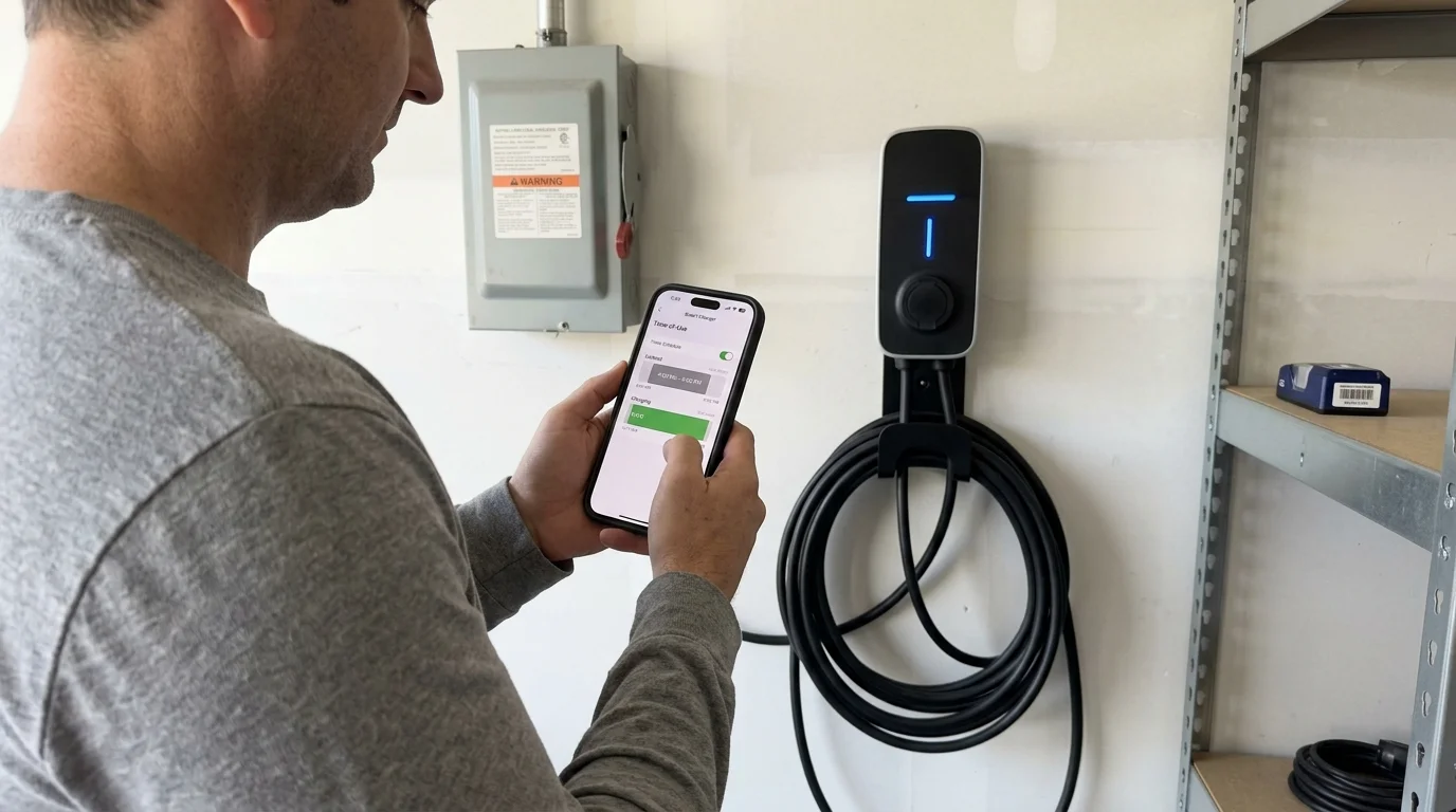 A man holding a smartphone with a charging app open beside a wall-mounted smart EV charger with a coiled black cable.