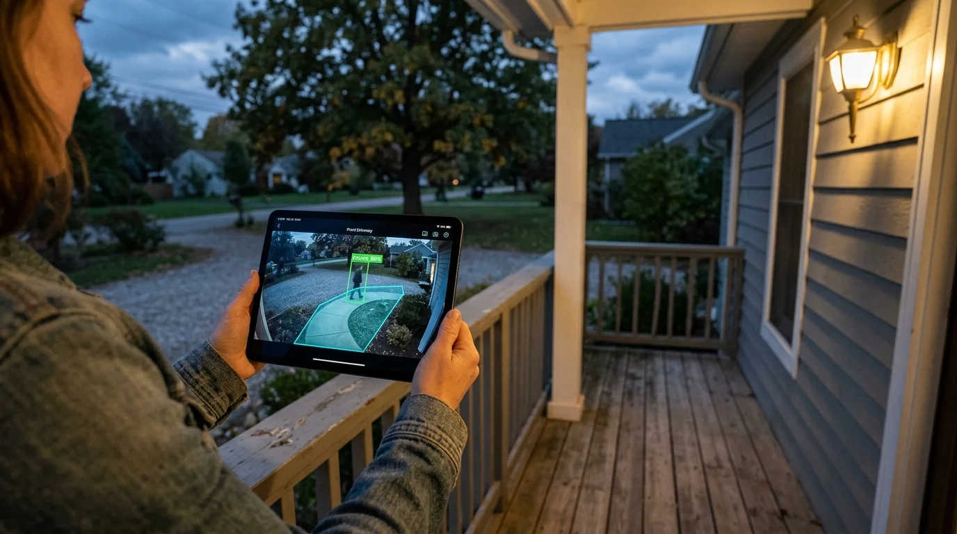Person holding a tablet displaying a security camera feed with motion detection zones on a suburban front porch at dusk.