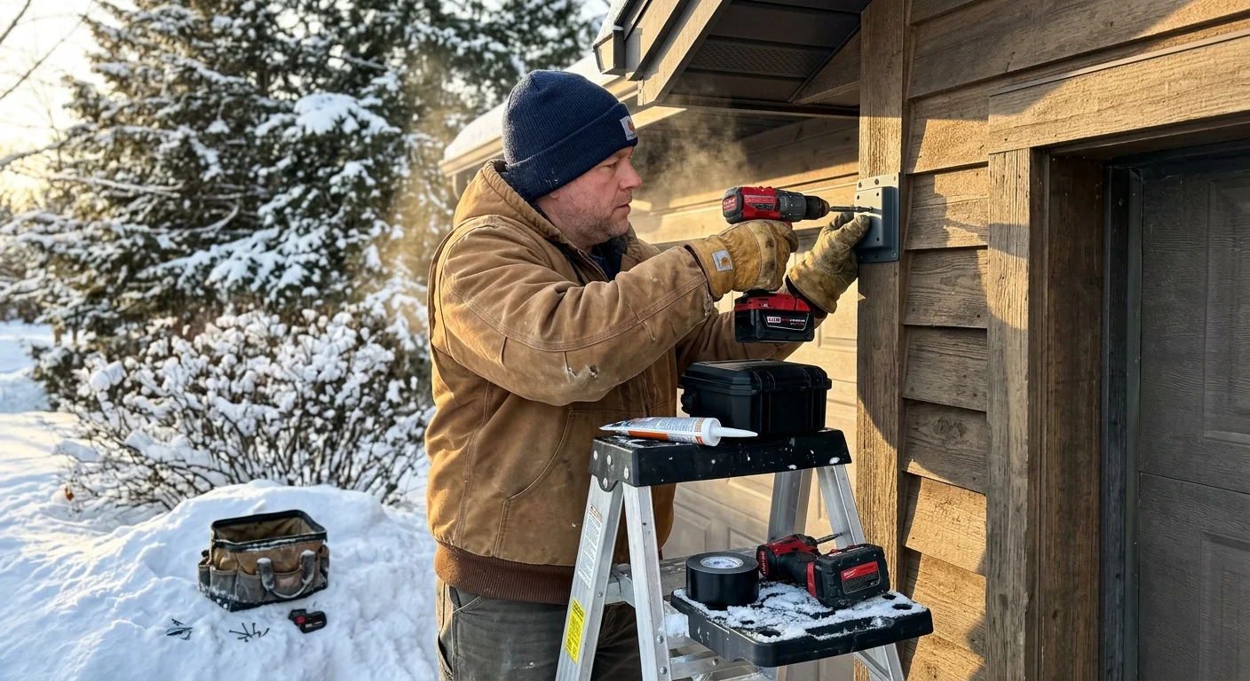 A man on a stepladder uses a cordless drill to mount hardware on an exterior wooden wall in the snow.