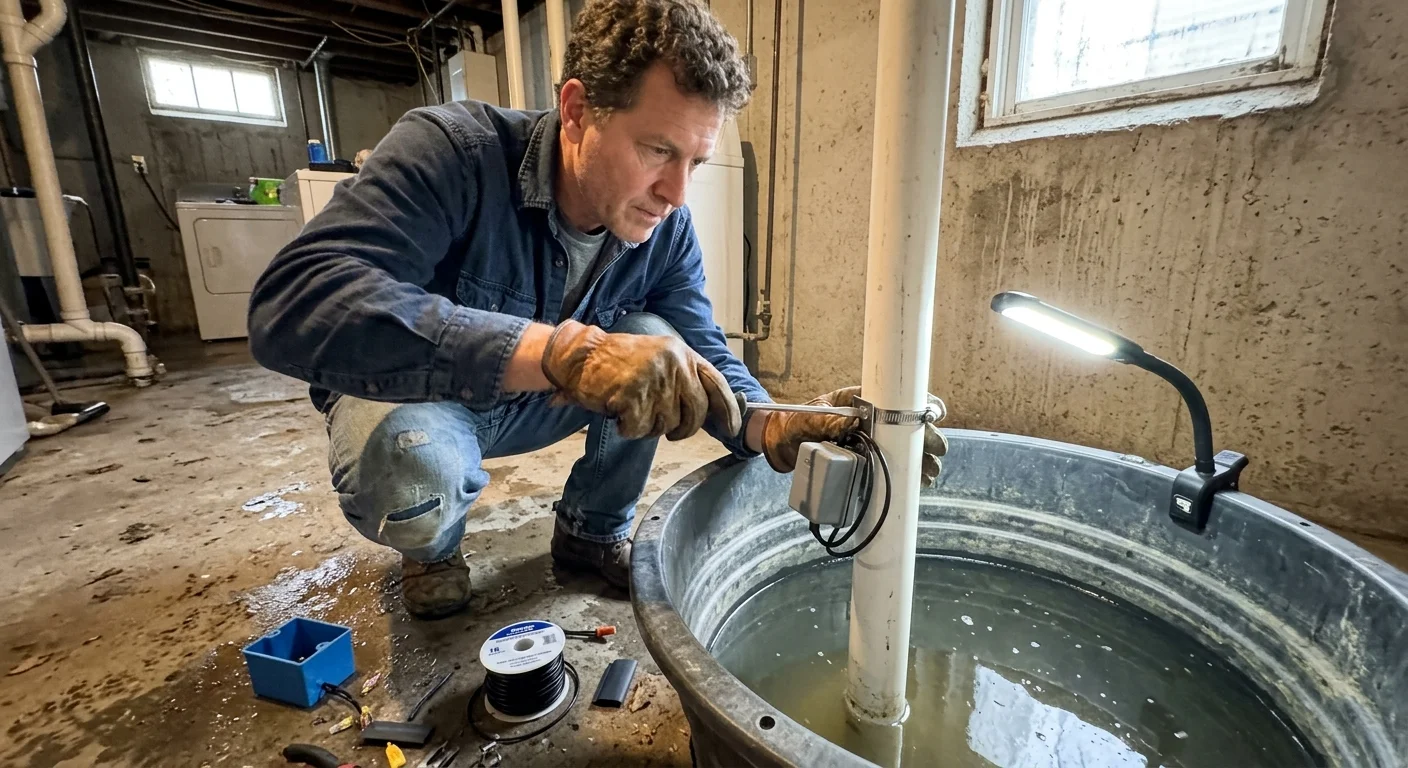 A man crouches by a basement sump basin, using a screwdriver to clamp a sensor box to a vertical white pipe.