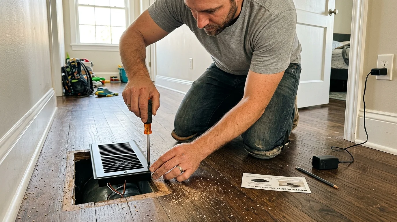 A man kneels on a wooden floor using a screwdriver to install a black booster fan register into a floor duct opening.