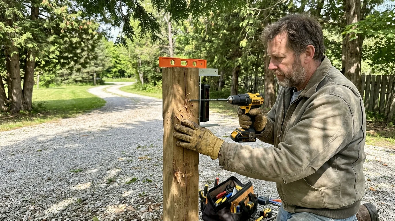 Man using a cordless drill to attach a sensor bracket to a wooden post beside a gravel driveway with a level on top.