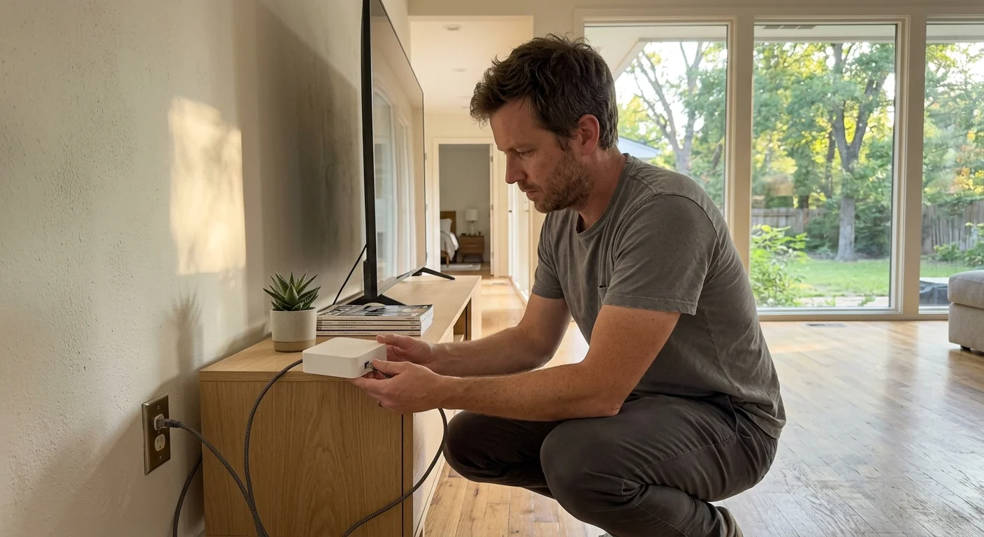 A man crouches beside a wooden media console, plugging a network cable into a small white hub next to a TV.