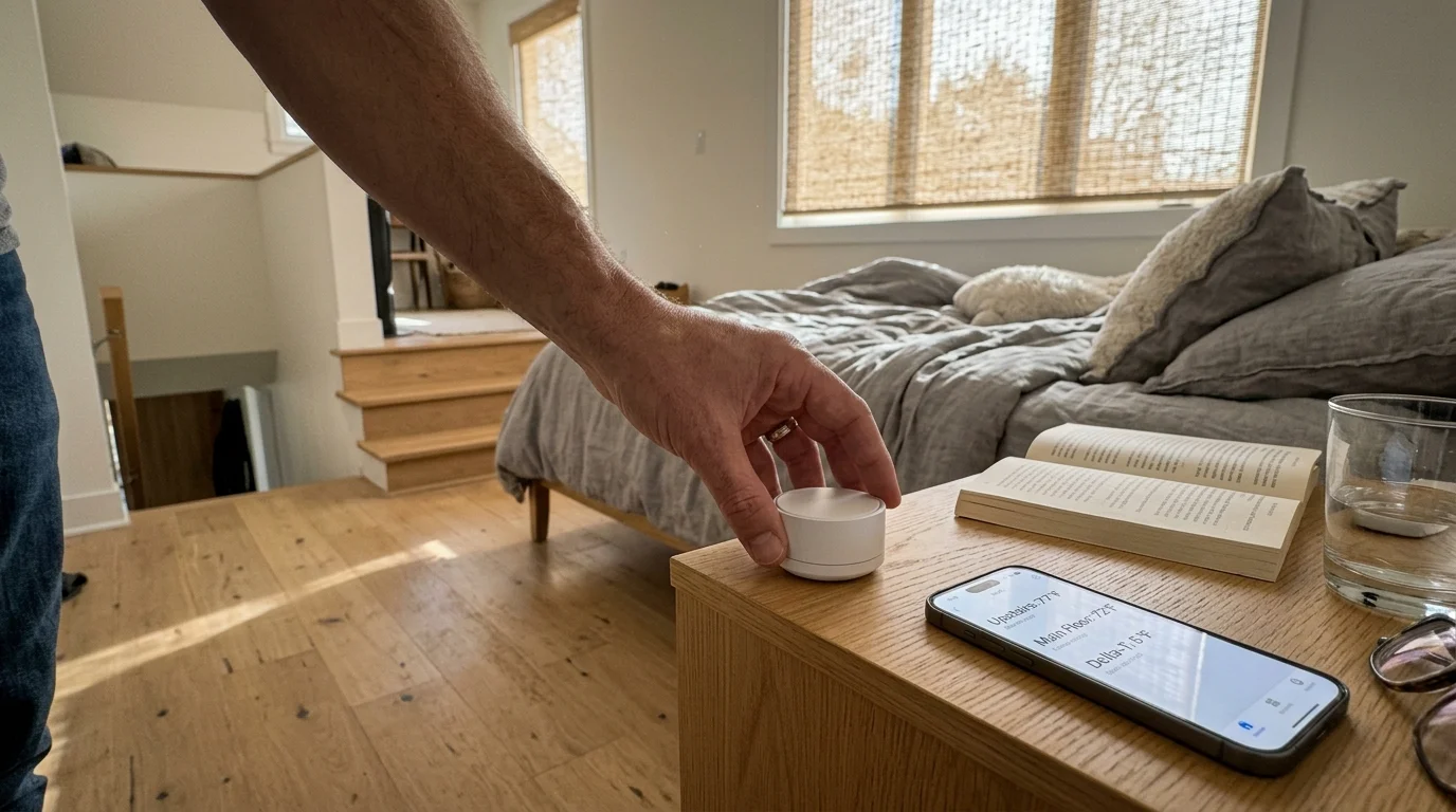A person's hand places a small circular white temperature sensor on a nightstand beside a phone displaying floor temperatures.