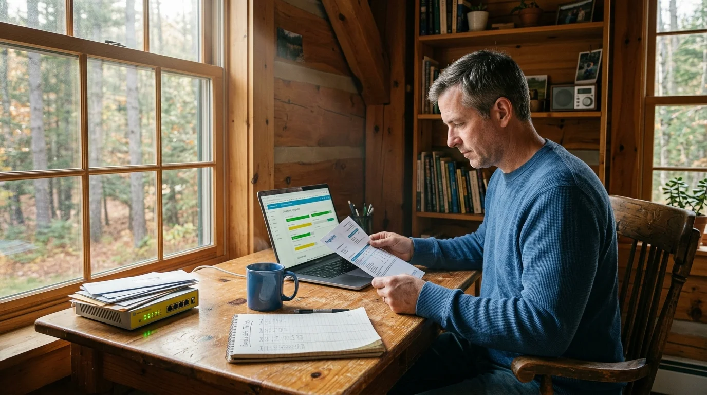 A man sits at a wooden desk with a laptop, router, and paper bill in a rustic cabin room by a window.