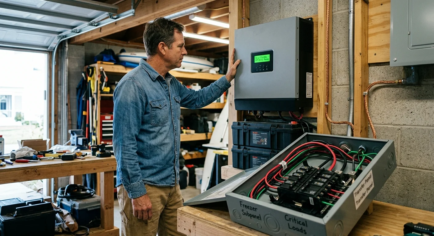 A man in a garage inspecting a wall-mounted inverter above batteries and an open electrical transfer subpanel on a workbench.