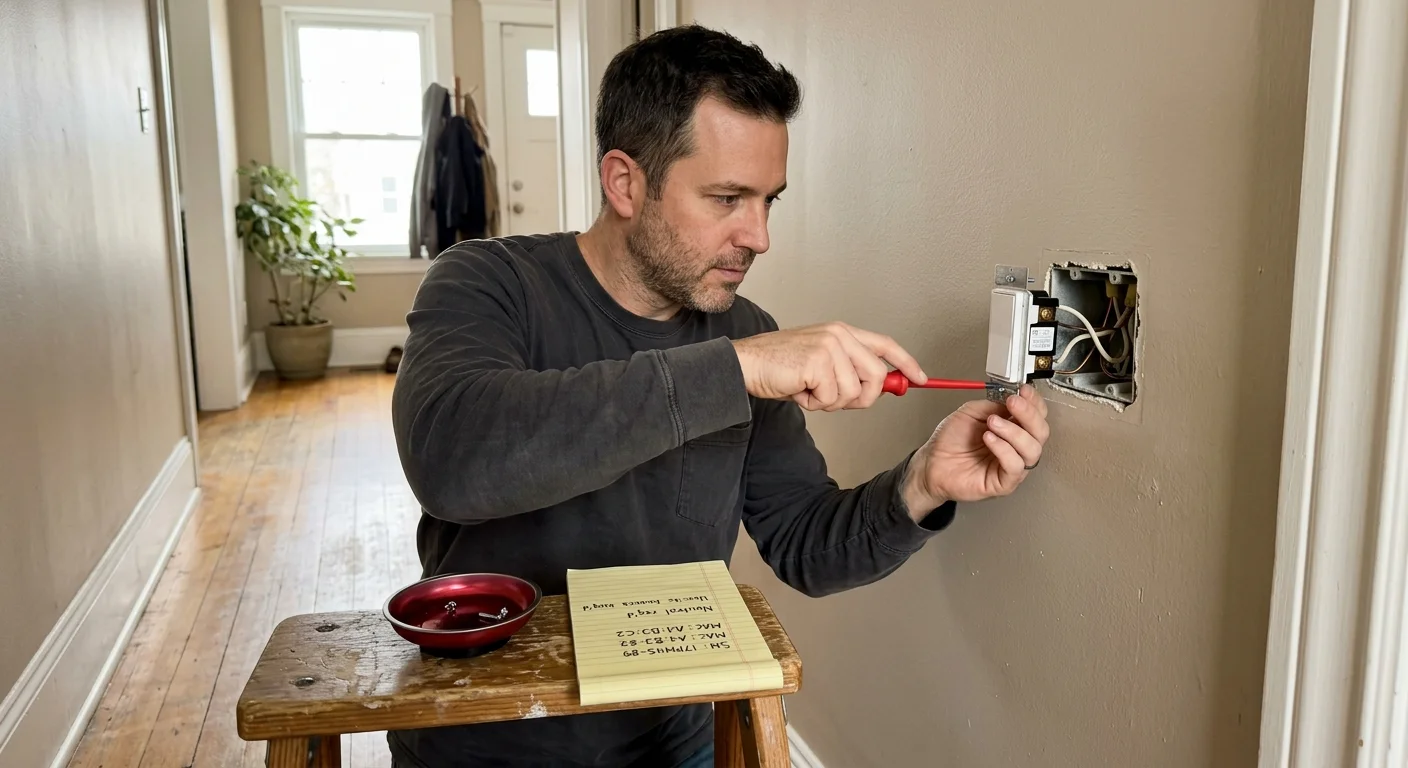 A man uses a red screwdriver to work on a light switch electrical box on a wall beside a notepad resting on a stool.