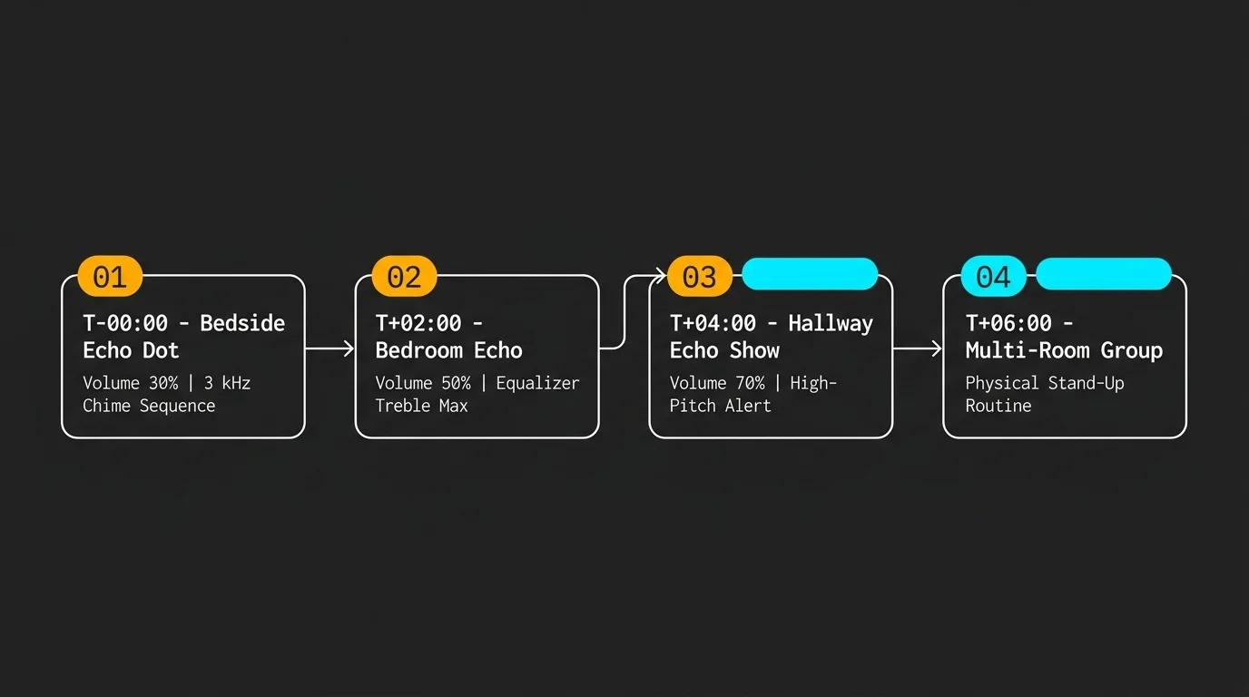Four-step diagram showing an escalation routine across smart speakers from bedside Echo Dot to multi-room group.