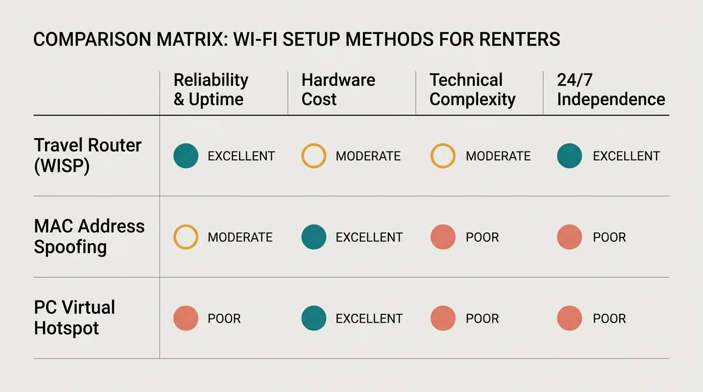 Comparison matrix rating Wi-Fi setup methods across reliability, hardware cost, technical complexity, and 24/7 independence.
