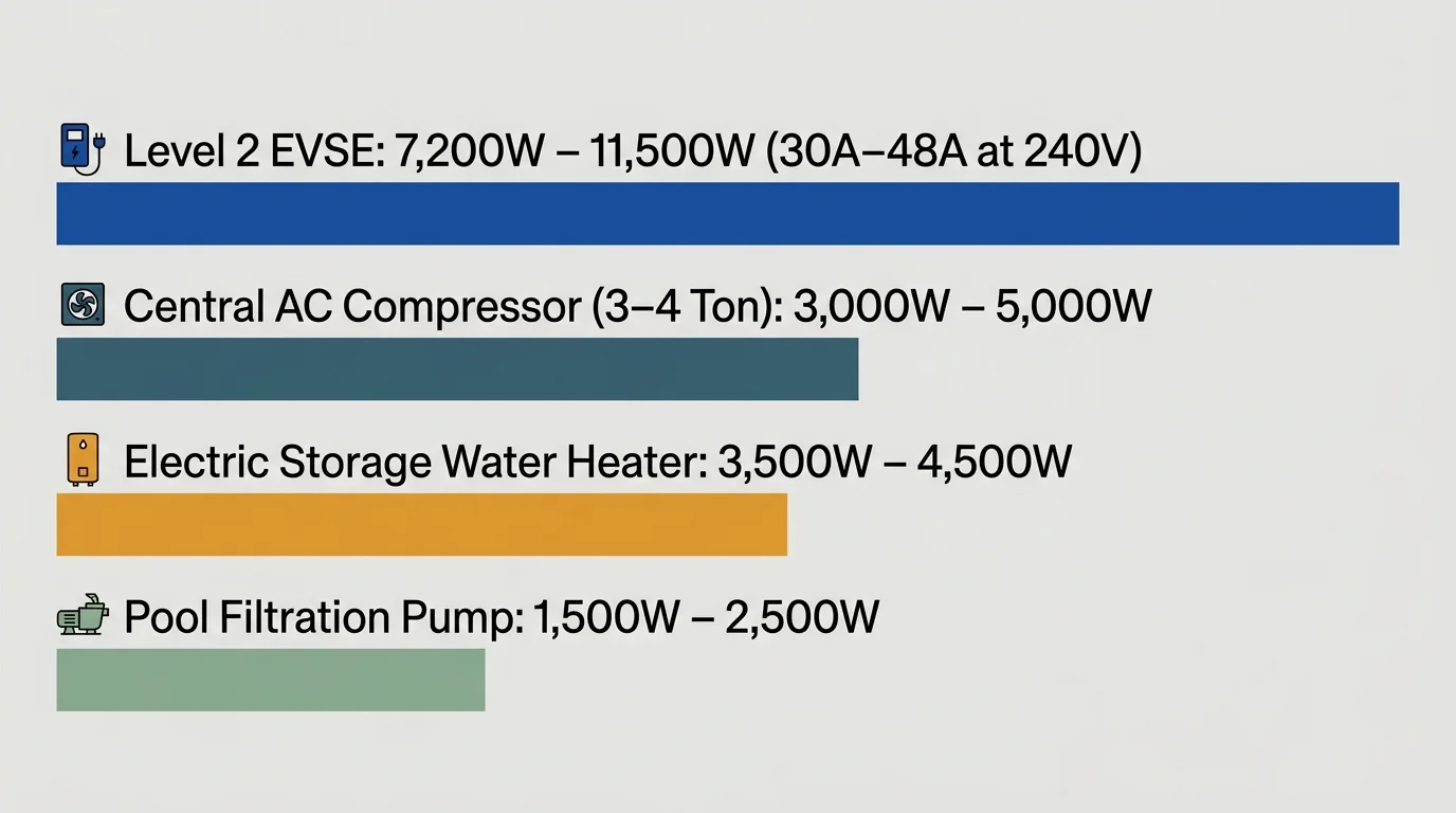 Bar chart comparing wattage ranges of Level 2 EVSE, central AC compressors, water heaters, and pool pumps.